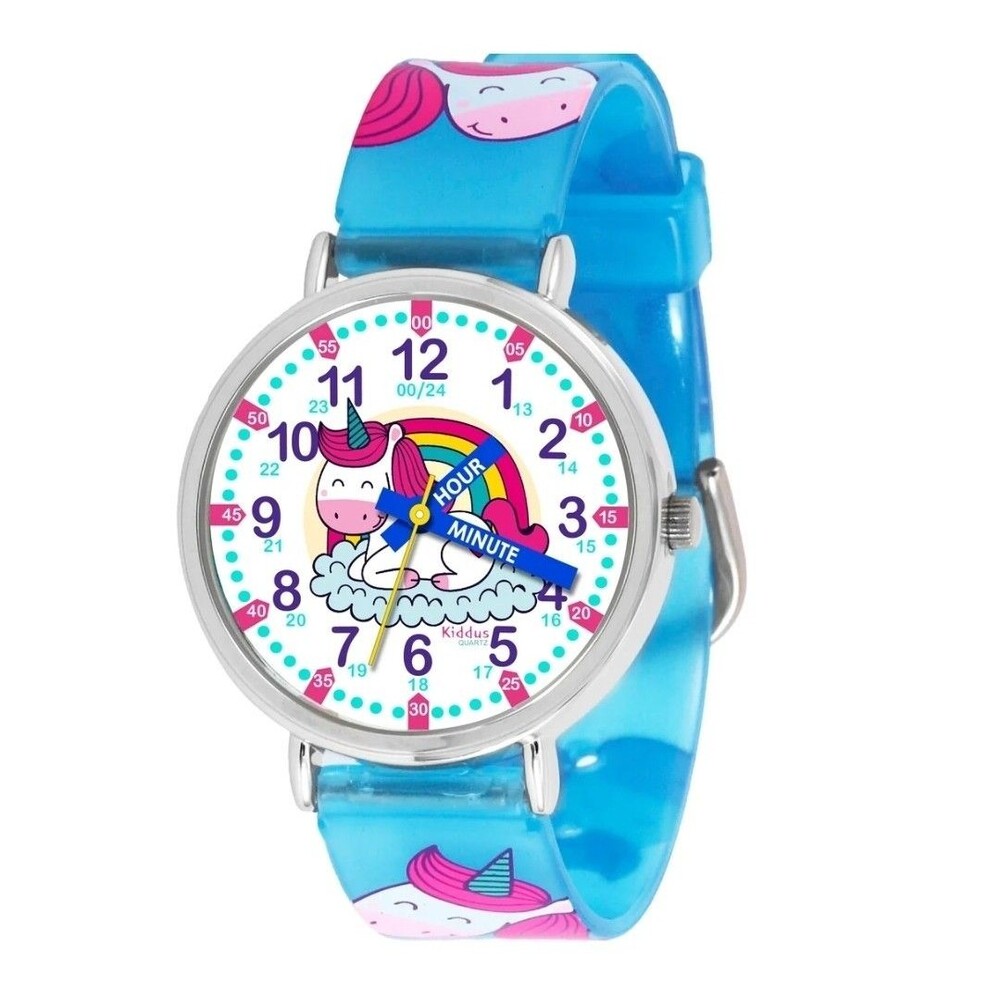 Kiddus Kids Unicorn Teaching Watch Blue Learn to Tell Time Glow in Dark New